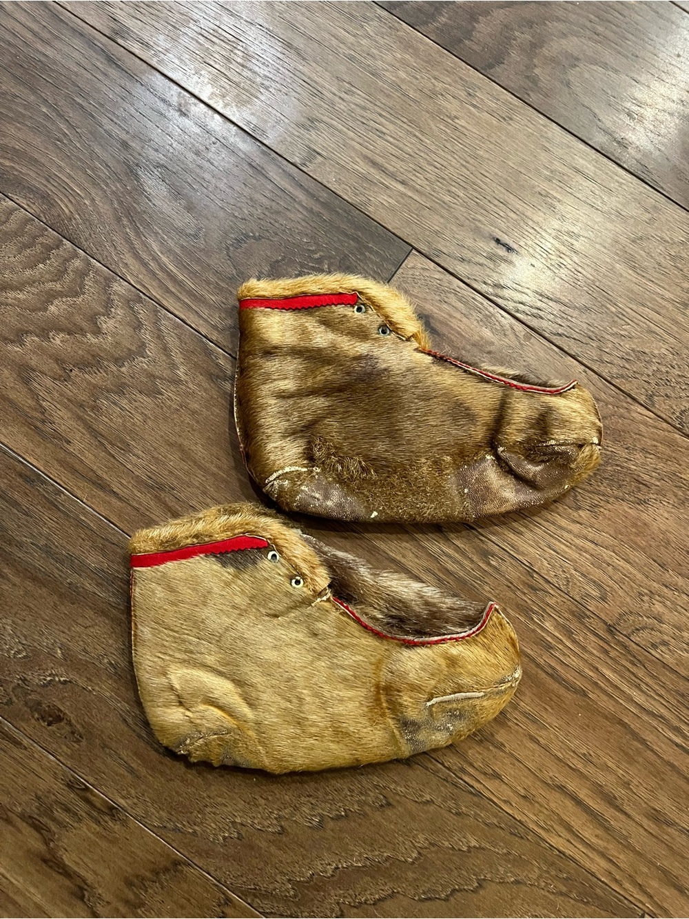 Vintage Sealskin Brown Fur Moccasin Slippers with Red Trim Norwegian